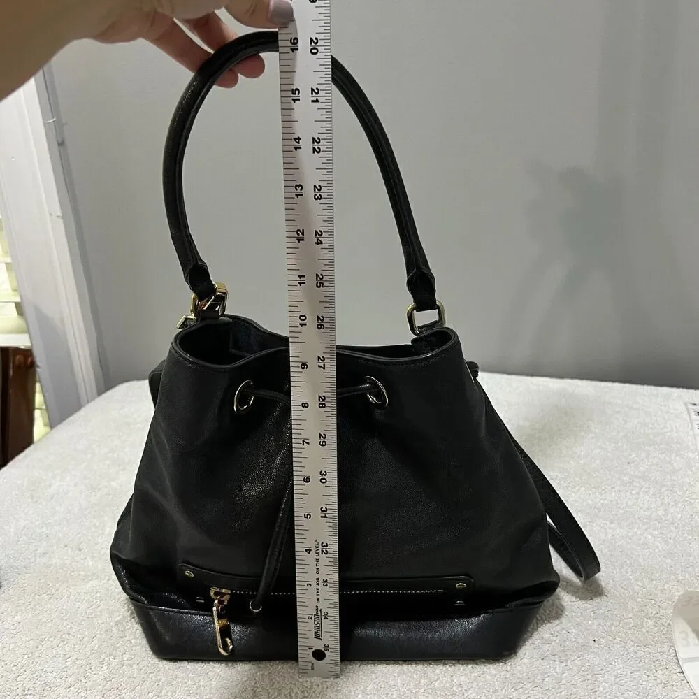 Milly Womens Black Leather Bucket Drawstring Bag Gold Crossbody Convertible